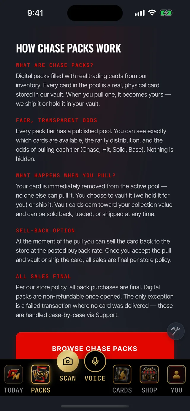 The How Chase Packs Work screen listing published pools and odds