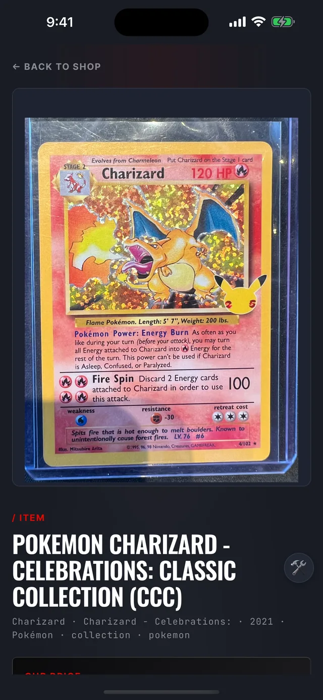 A single card listing in the Collector Station shop inside the app