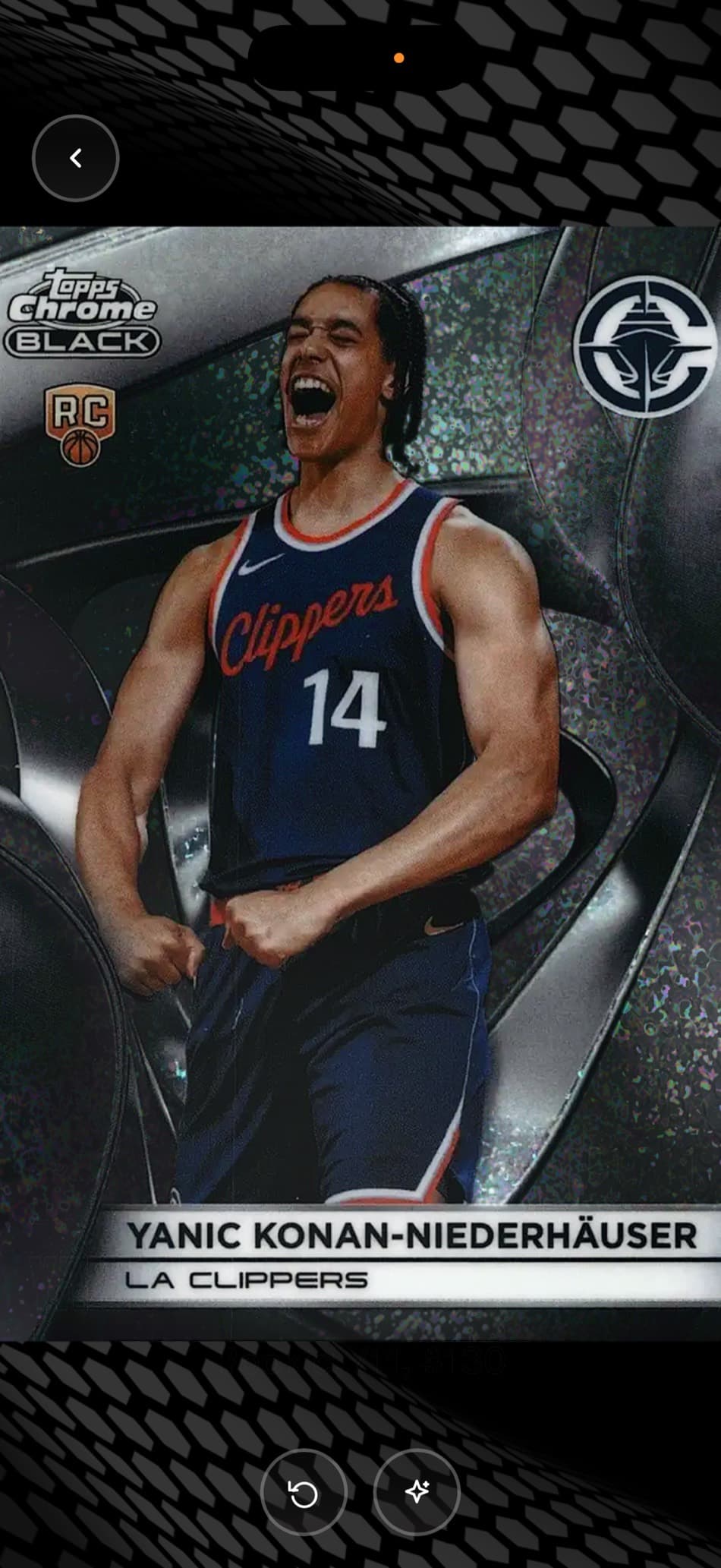 A Topps Chrome Black Glitter parallel of Clippers rookie Yanic Konan-Niederhauser, numbered to eleven, shown in the Fanatics Collect app.