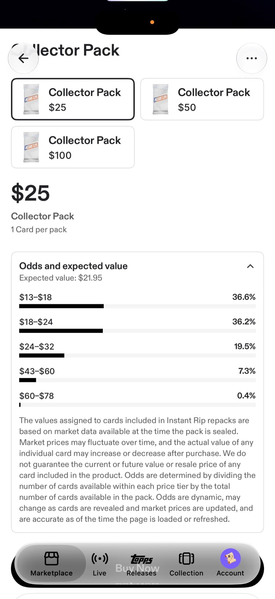 A twenty five dollar Collector Pack listing showing a disclosed expected value of twenty one dollars ninety five, with odds grouped into dollar bands.