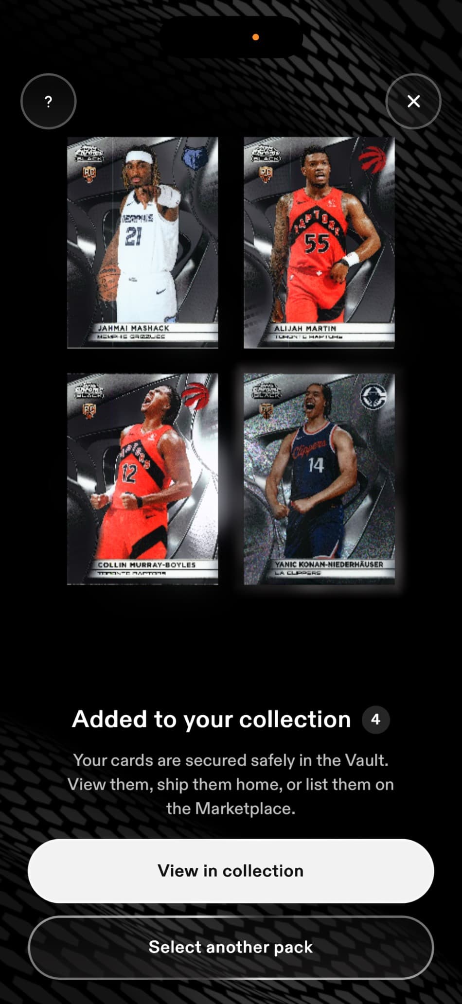 The end of a pack reveal showing four cards and the message Added to your collection, with options to view, ship home, or list on the marketplace.
